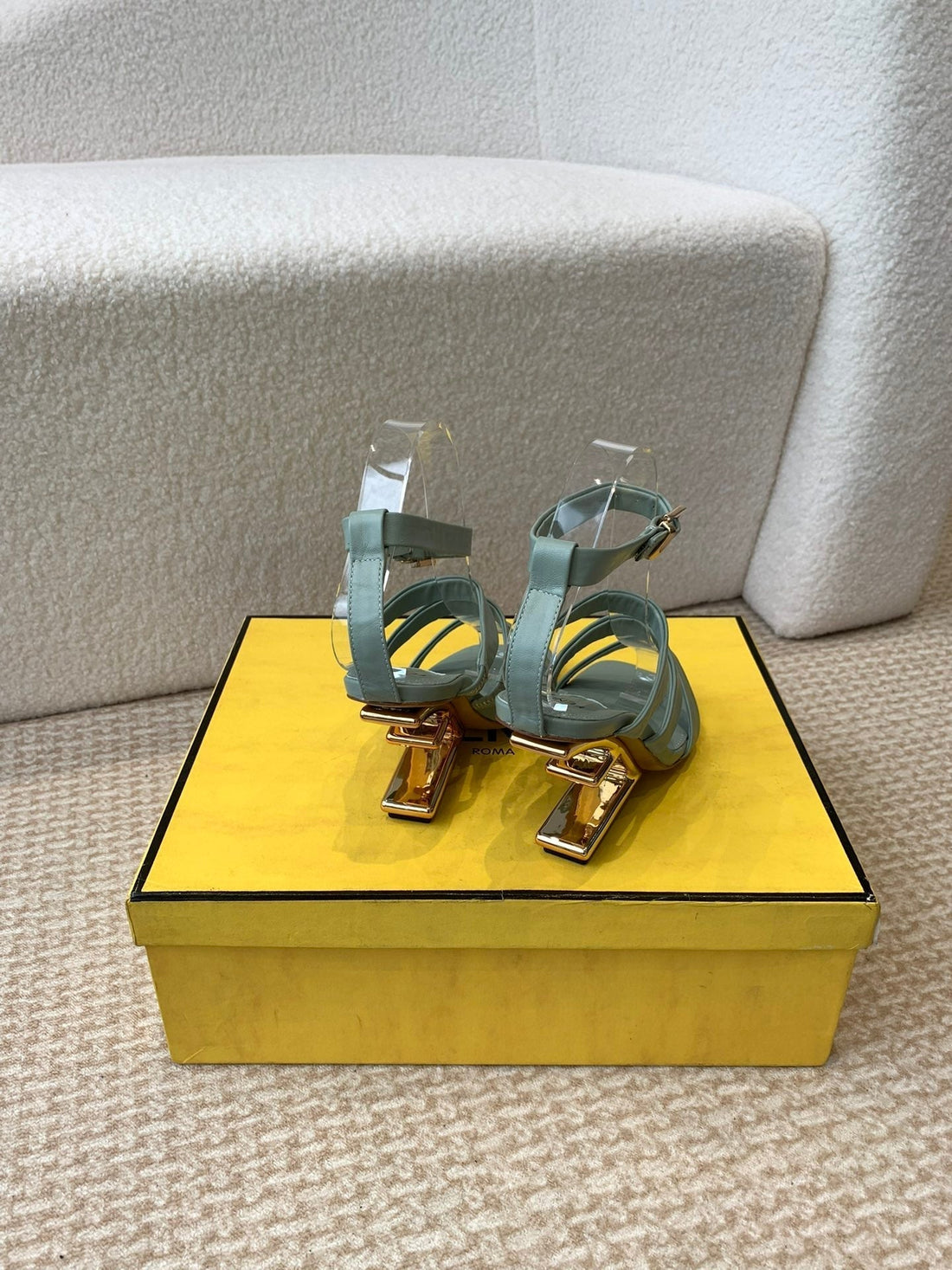 Fendi High Sandal 10 Cm In Sage Green Calfskin
