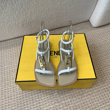 Fendi O'lock Thong Sandal White Calfskin With Gold Hardware