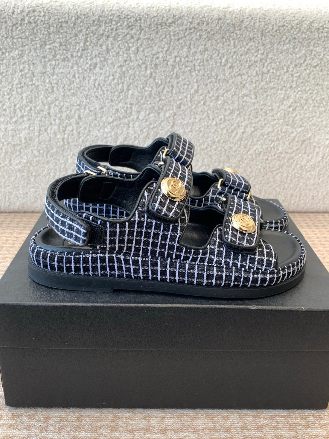 Dad Sandal In Black Mix White Denim Fabric