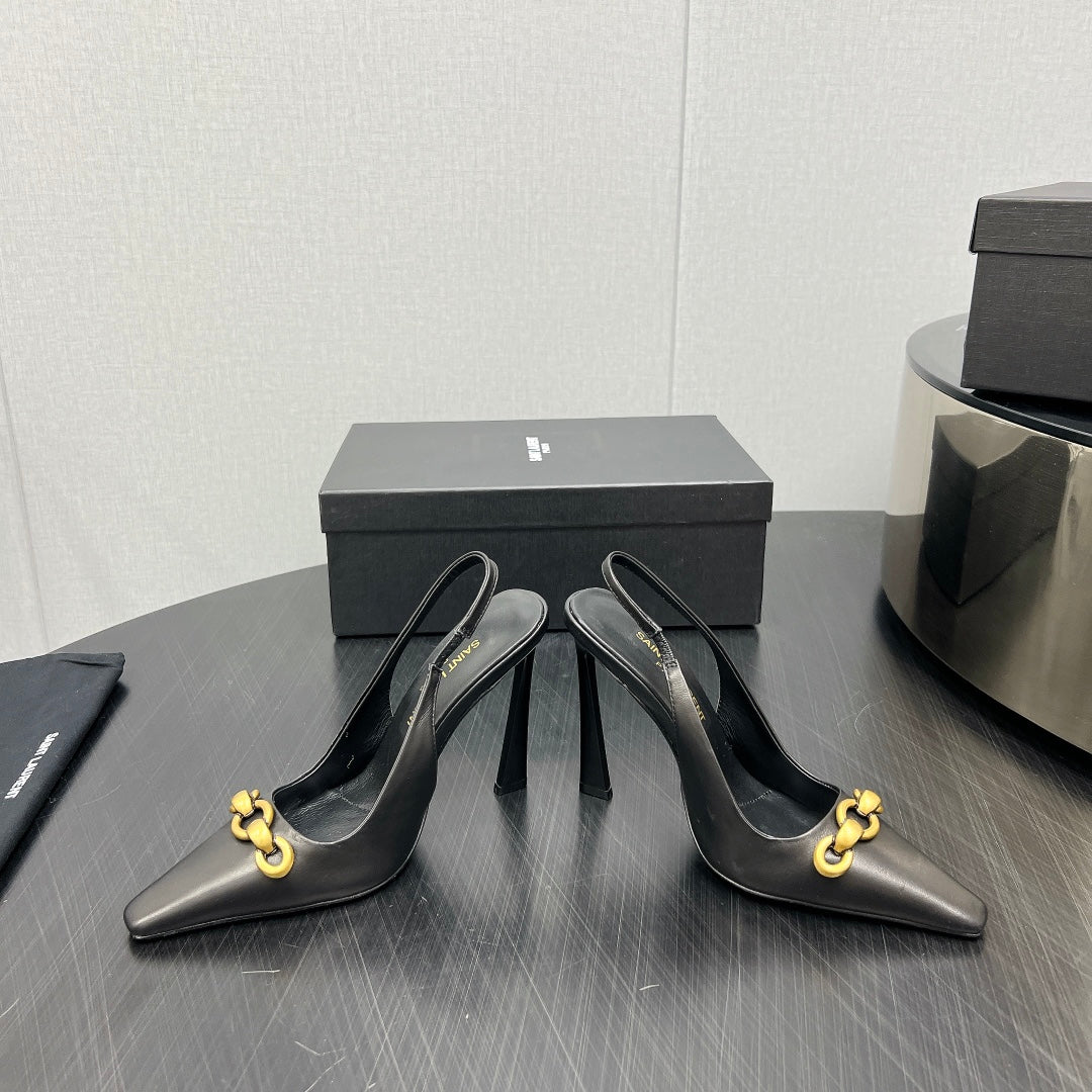 Gold Chain Attached High Slingback In Black Smooth Lambskin