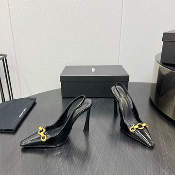 Gold Chain Attached High Slingback In Black Glossy Calfskin