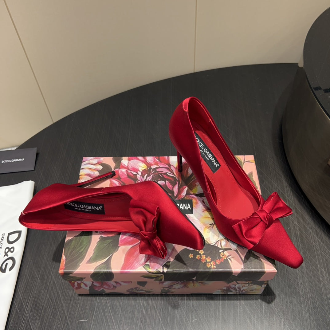 Dc 25 Toe Bow High Heel Shoes 100MM Red Silk And Sheepskin 381610