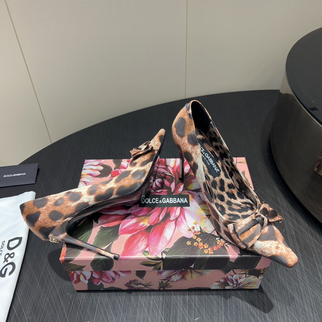 Dc 25 Toe Bow High Heel Shoes 35MM Leopard-Print Silk And Sheepskin 381611