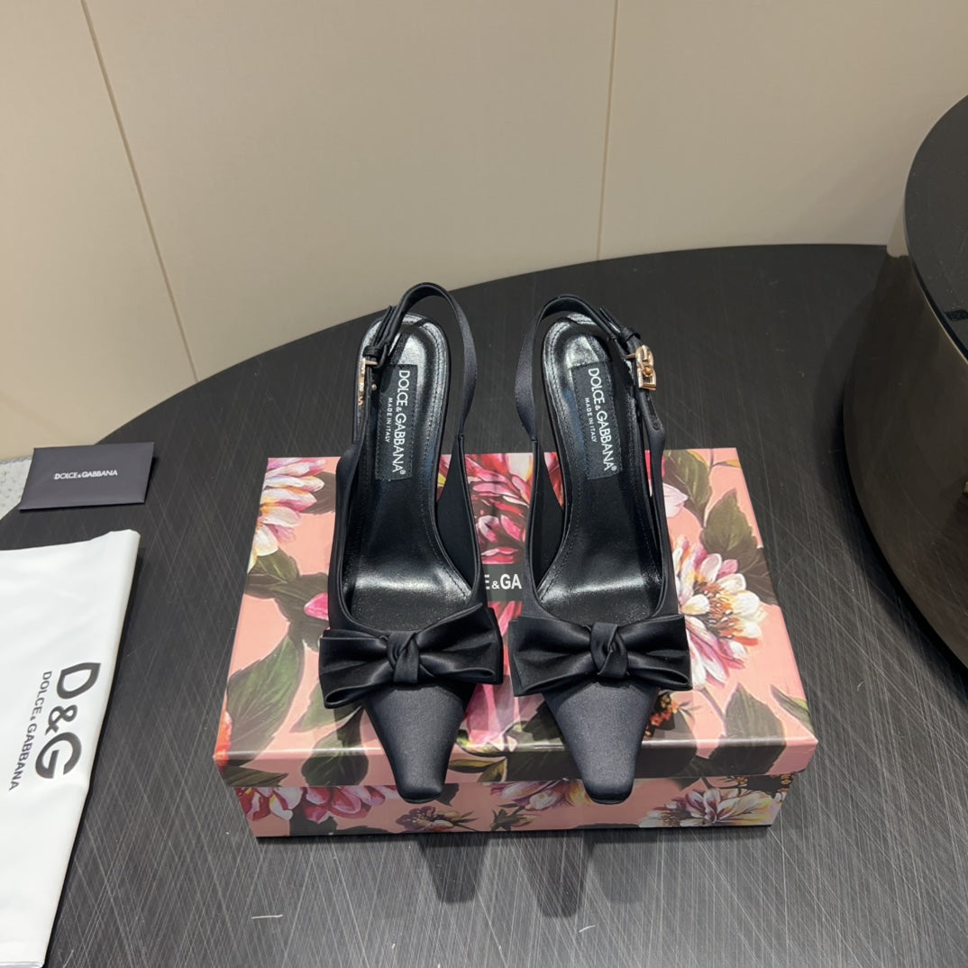 Dc 25 Toe Bow Slingback Pumps 100MM Black Silk And Sheepskin 381612