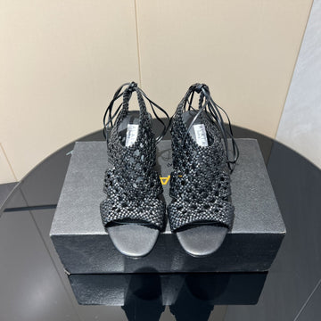 Alaïa 25 Round-Toe Braided Wedge Sandals 75MM Black Woven Leather 433565