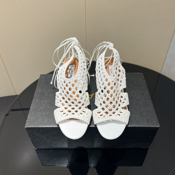 Alaïa 25 Round-Toe Braided Wedge Sandals 75MM White Woven Leather 433566