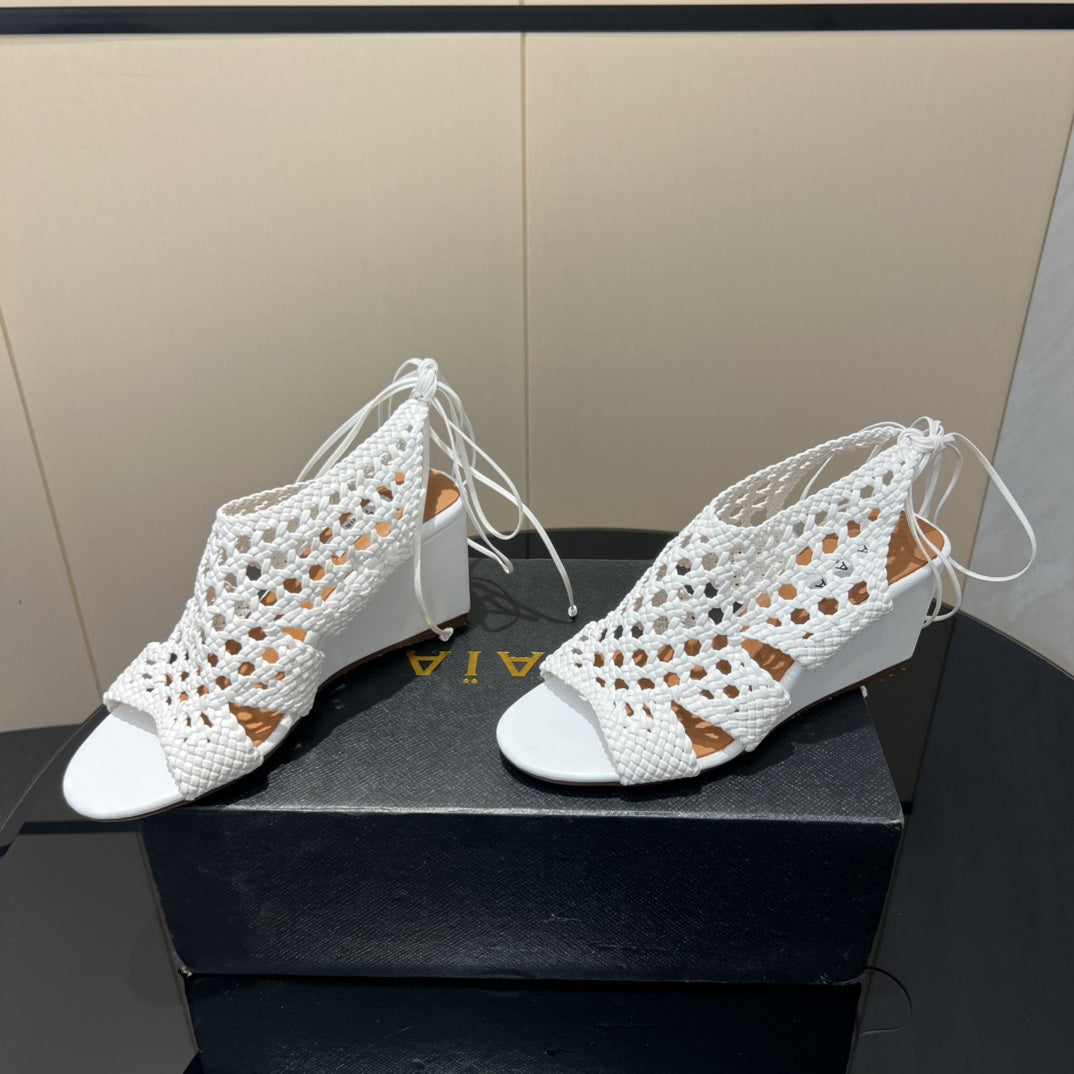 Alaïa 25 Round-Toe Braided Wedge Sandals 75MM White Woven Leather 433566