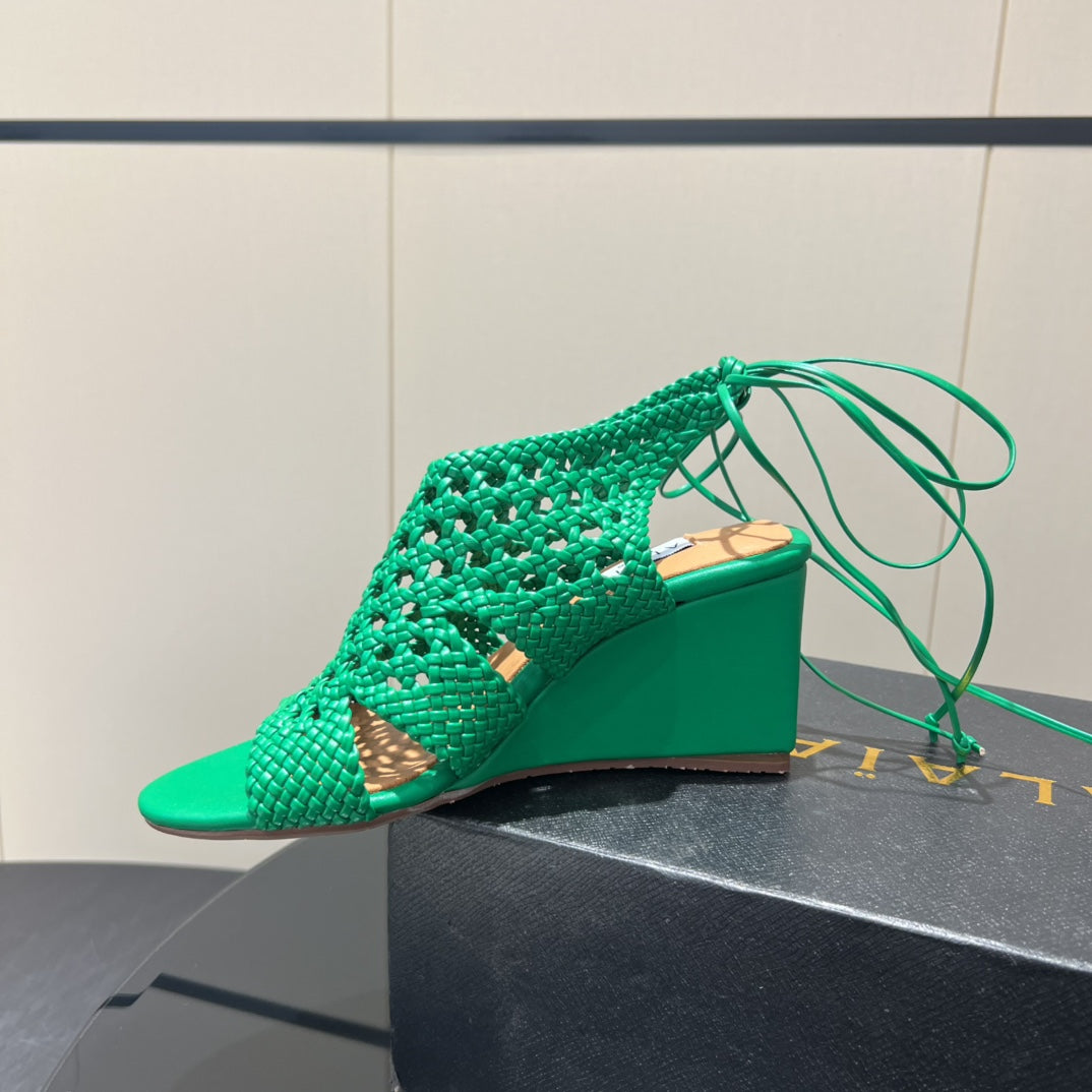 Alaïa 25 Round-Toe Braided Wedge Sandals 75MM Green Woven Leather 433567