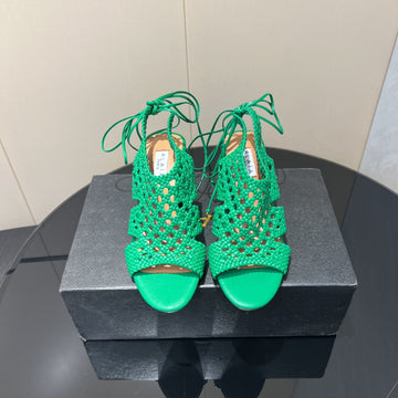 Alaïa 25 Round-Toe Braided Wedge Sandals 75MM Green Woven Leather 433567