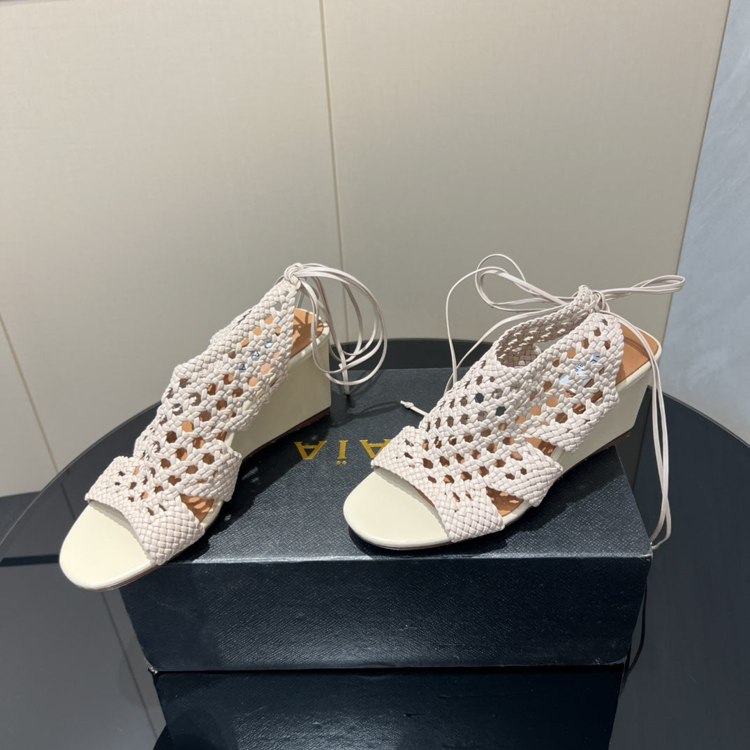 Alaïa 25 Round-Toe Braided Wedge Sandals 75MM Flamingo Woven LEATHER433568