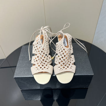 Alaïa 25 Round-Toe Braided Wedge Sandals 75MM Flamingo Woven LEATHER433568