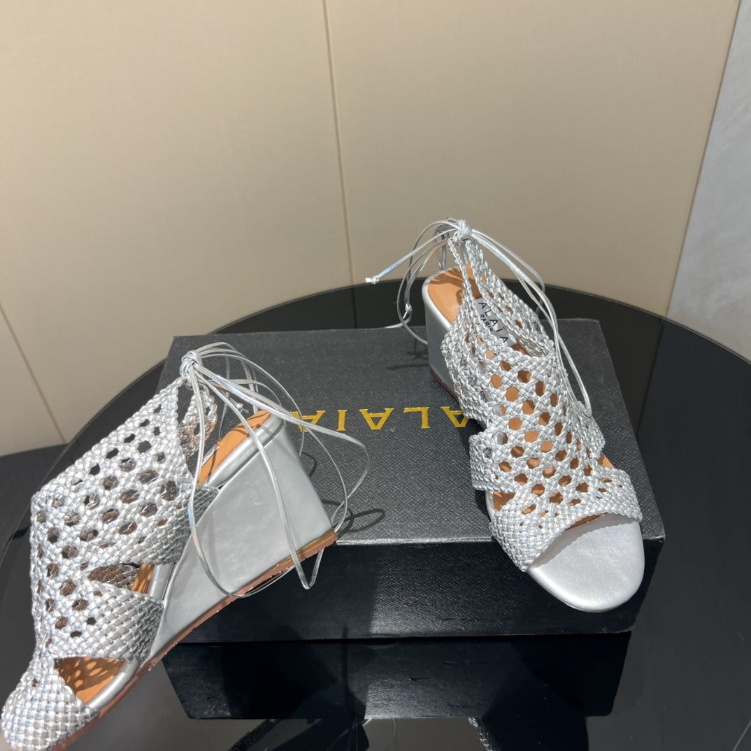 Alaïa 25 Round-Toe Braided Wedge Sandals 75MM Silver Metallic Woven LEATHER433570