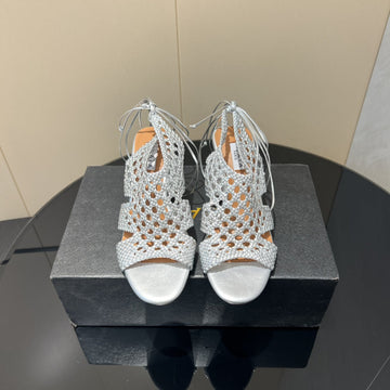 Alaïa 25 Round-Toe Braided Wedge Sandals 75MM Silver Metallic Woven LEATHER433570