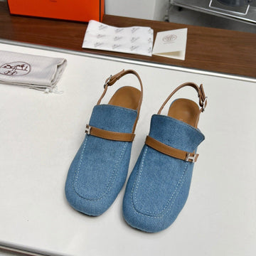 Square Toe Slingback Denim Calfskin