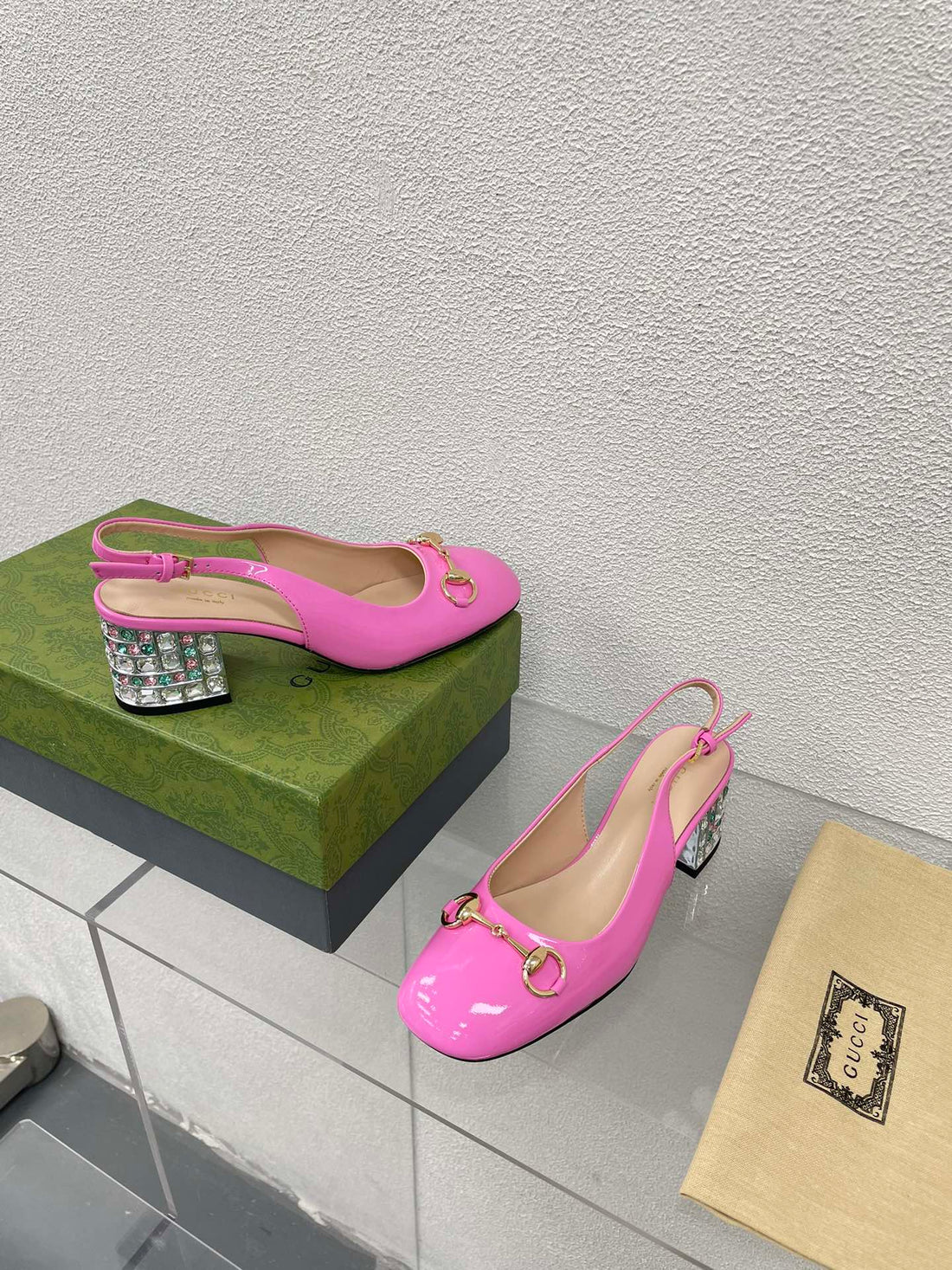 GG Women's Horsebit Slingback In Fuscia Pink Calfskin With Rhinstones