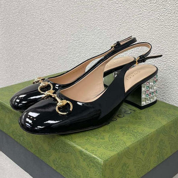 GG Women's Horsebit Slingback In Black Calfskin With Rhinstones