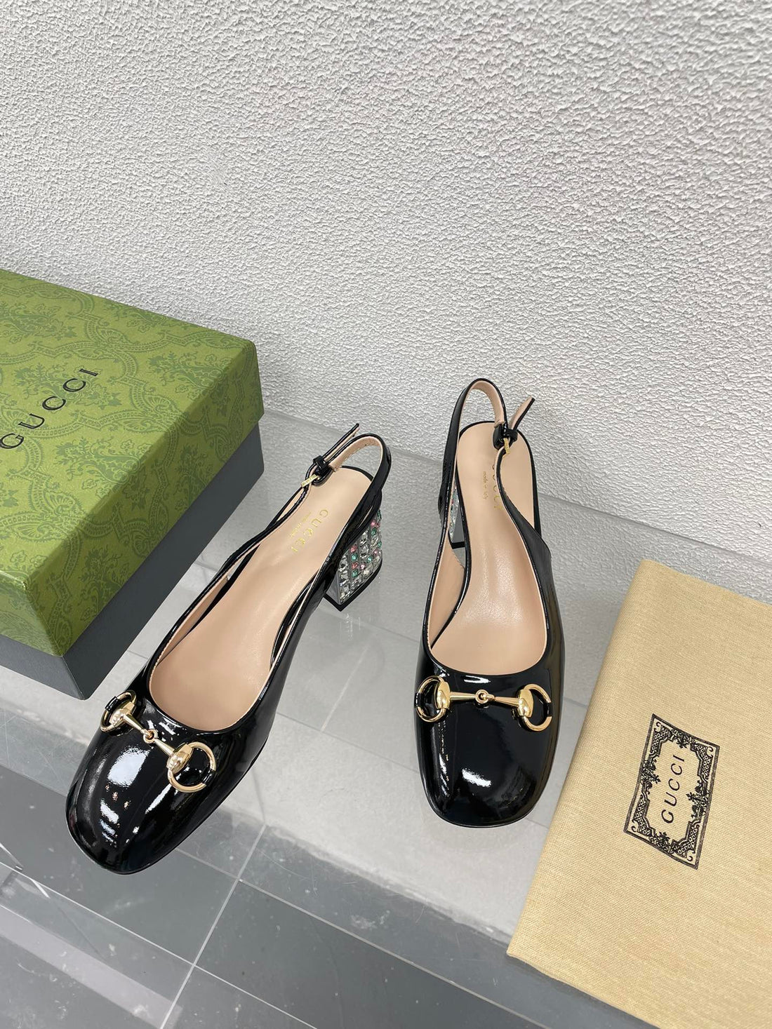 GG Women's Horsebit Slingback In Black Calfskin With Rhinstones
