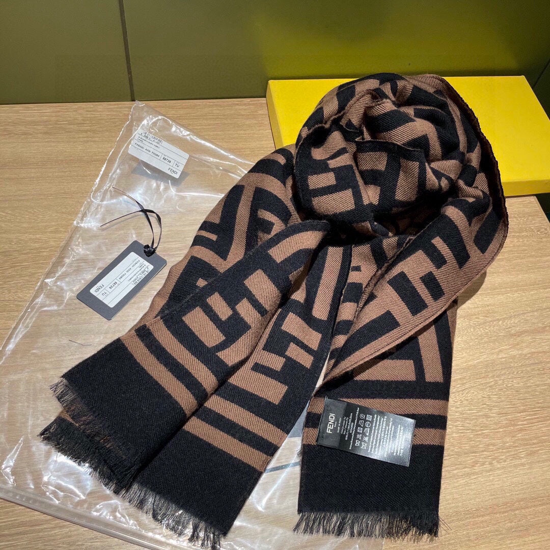 Ff 180 Cm Scarf In Camel Brown Mix Black Cashmere And Wool