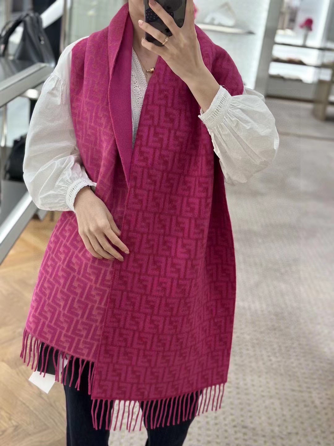 Ff Scarf 180 Cm In Bright Pink Monogram Wool And Cashmere 411830
