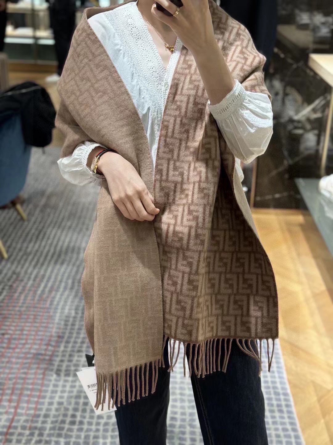 Ff Scarf 180 Cm In Medium Brown Monogram Wool And Cashmere 411831