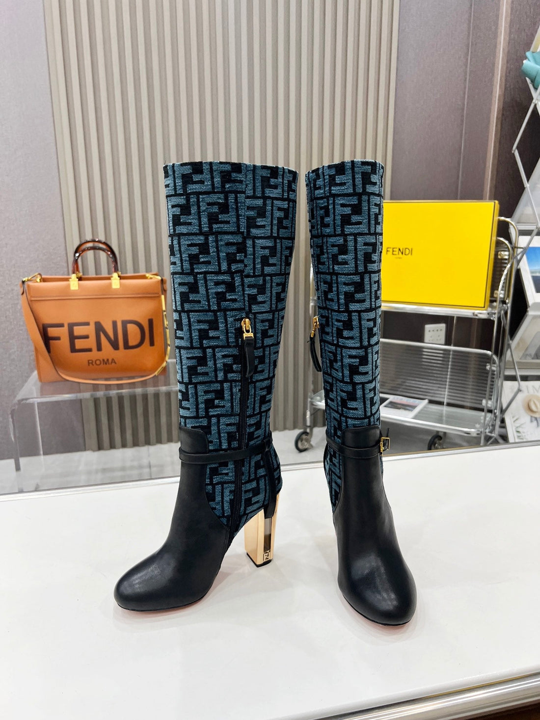 Fendi Knee Boots High Heel Monogram Blue Black Cowhide 521217