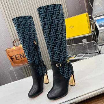Fendi Knee Boots High Heel Monogram Blue Black Cowhide 521217