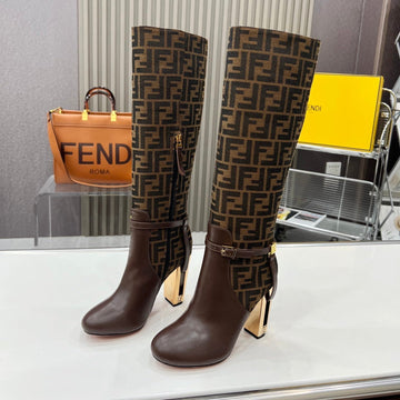 Fendi Knee Boots High Heel Monogram Brown Cowhide 521218