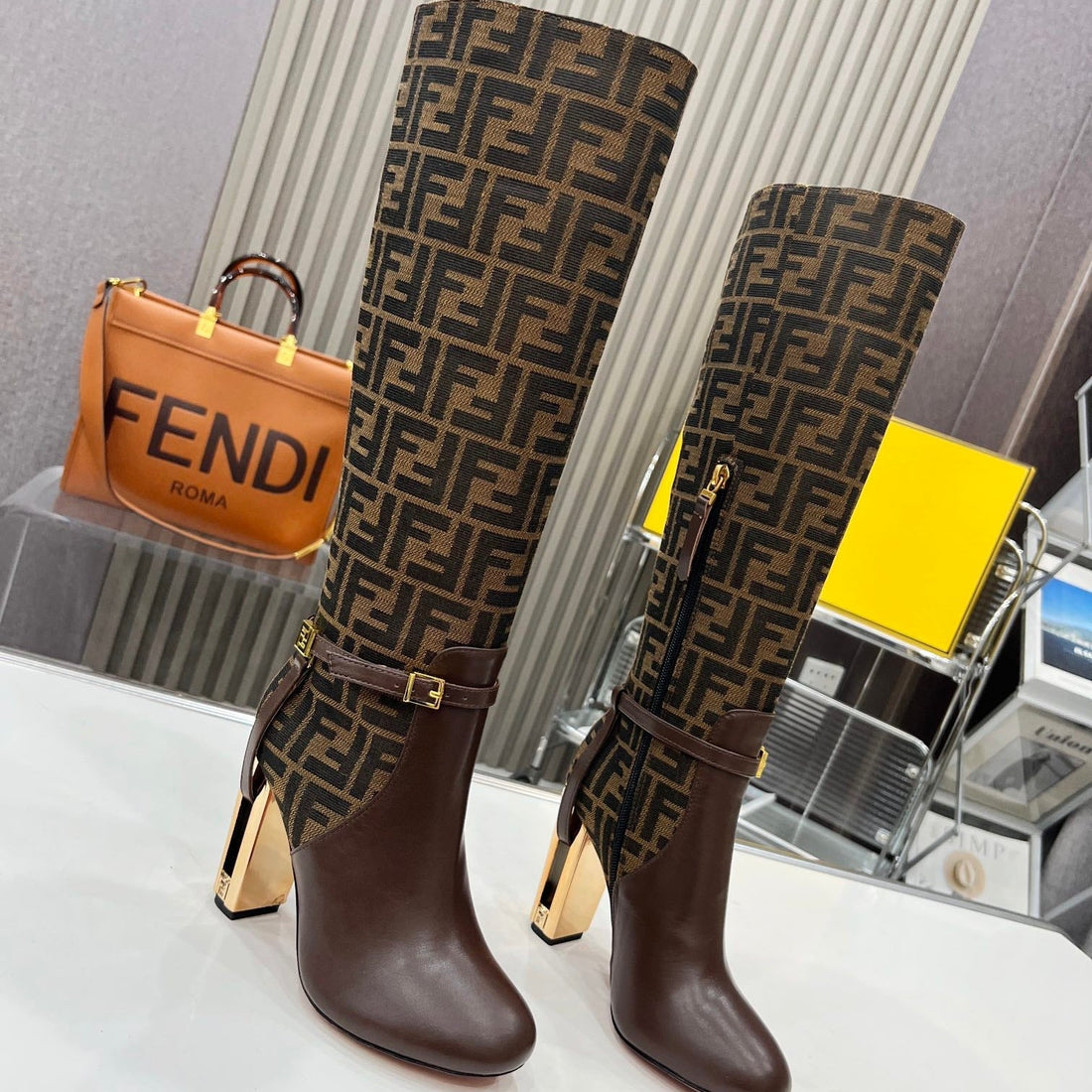 Fendi Knee Boots High Heel Monogram Brown Cowhide 521218