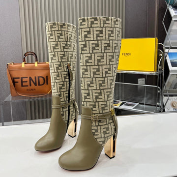Fendi Knee Boots High Heel Monogram Olive Cowhide 521219