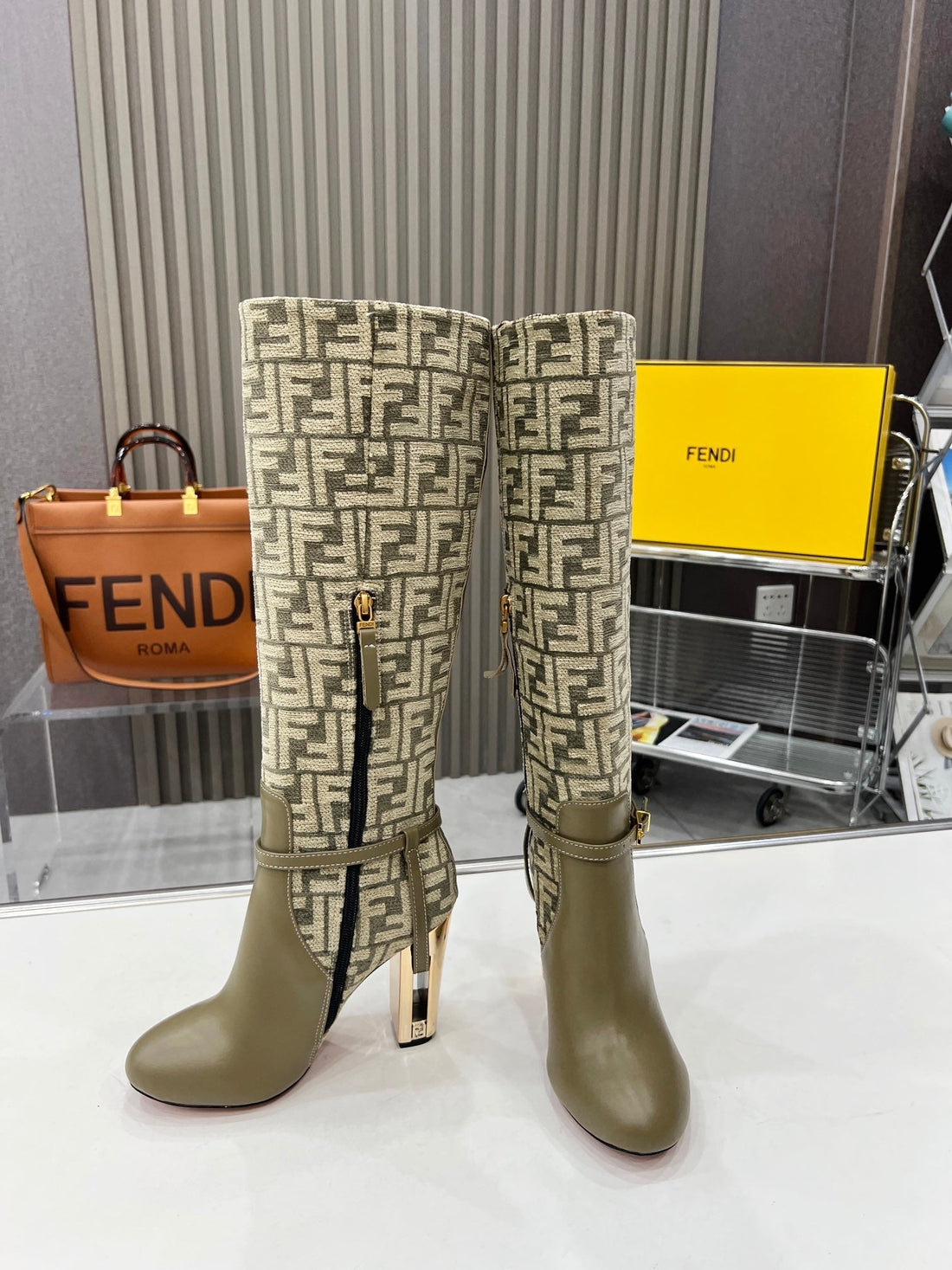 Fendi Knee Boots High Heel Monogram Olive Cowhide 521219