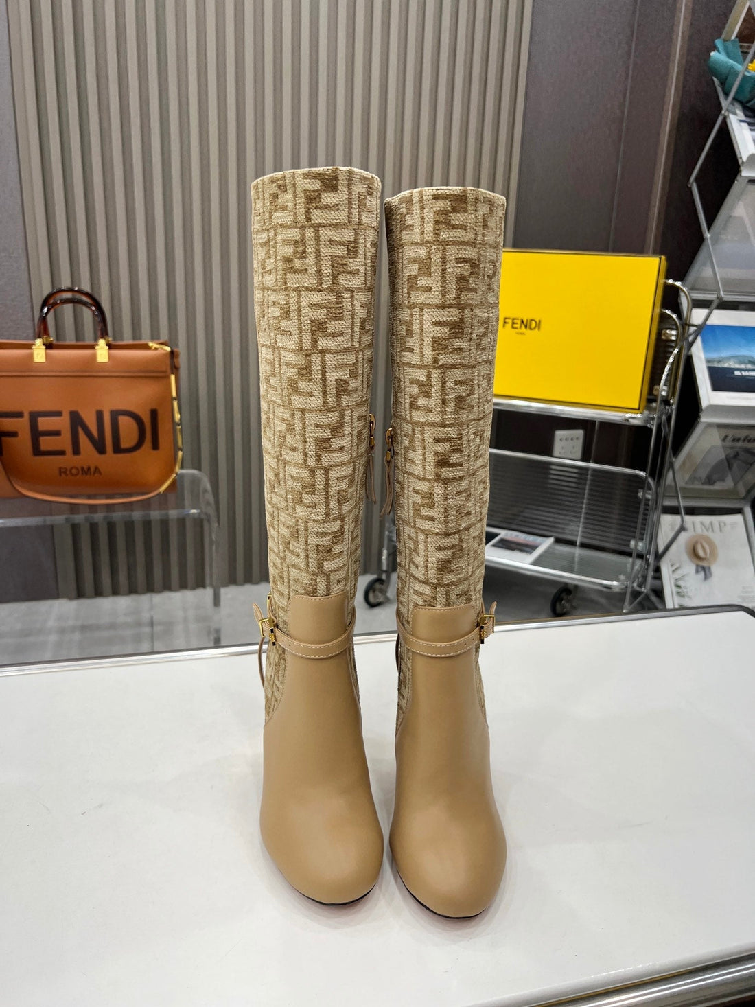 Fendi Knee Boots High Heel Monogram Beige Cowhide 521220