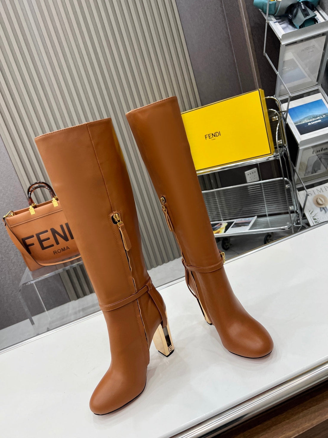 Fendi Knee Boots High Heel Caramel Brown Cowhide 521208