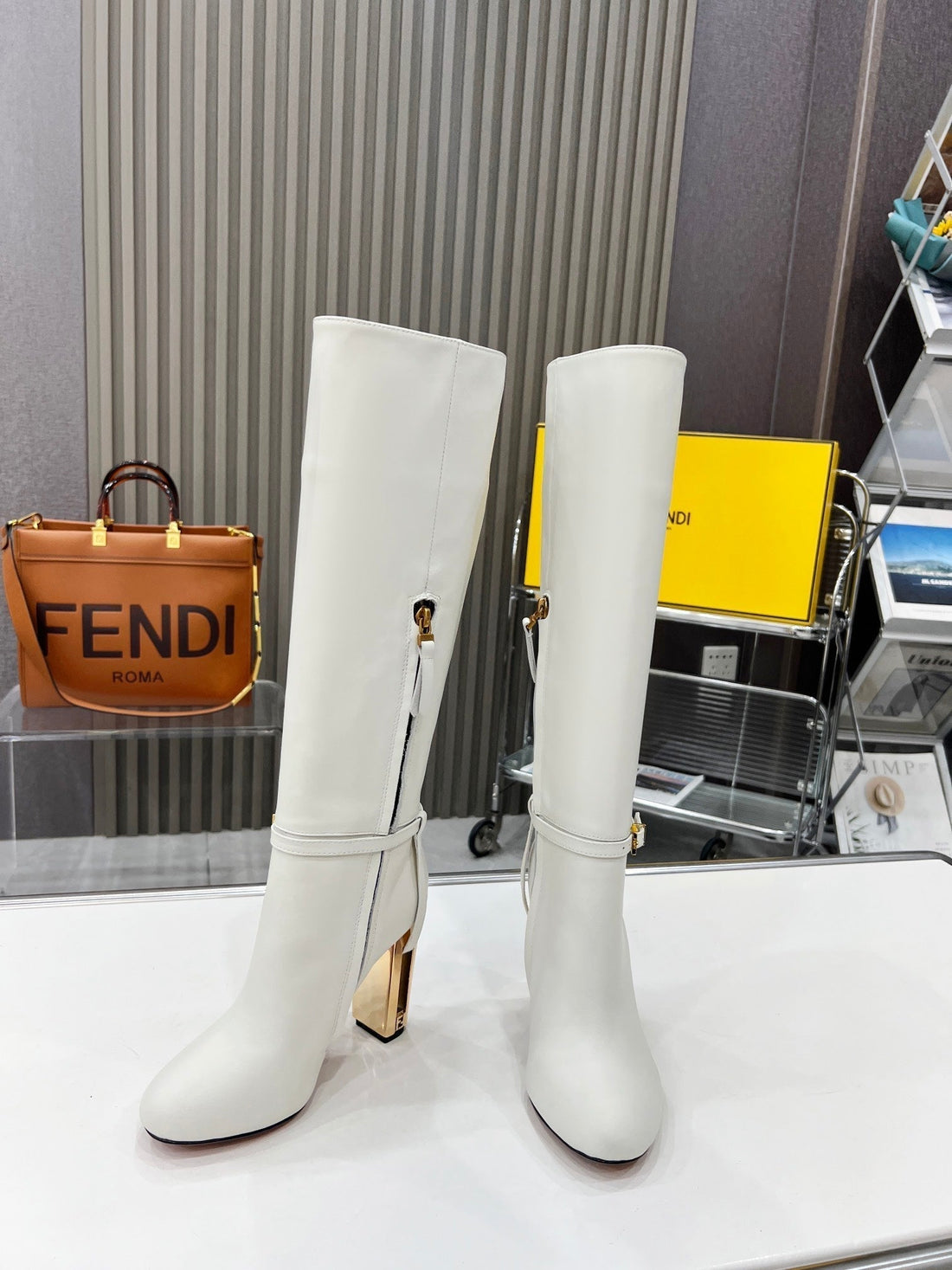 Fendi Knee Boots High Heel White Cowhide 521210