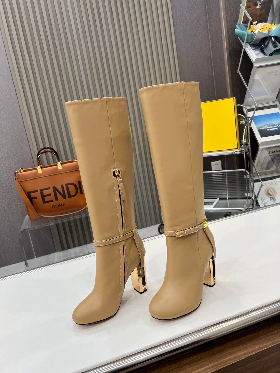 Fendi Knee Boots High Heel Beige Cowhide 521211