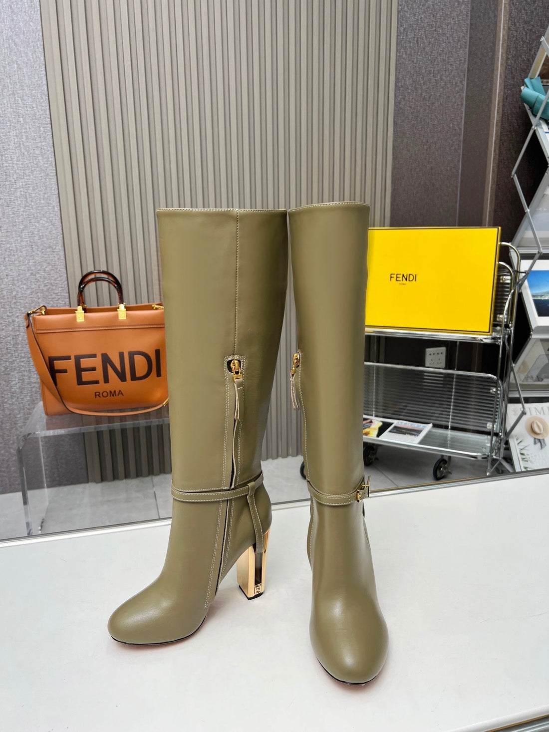 Fendi Knee Boots High Heel Olive Green Cowhide 521209