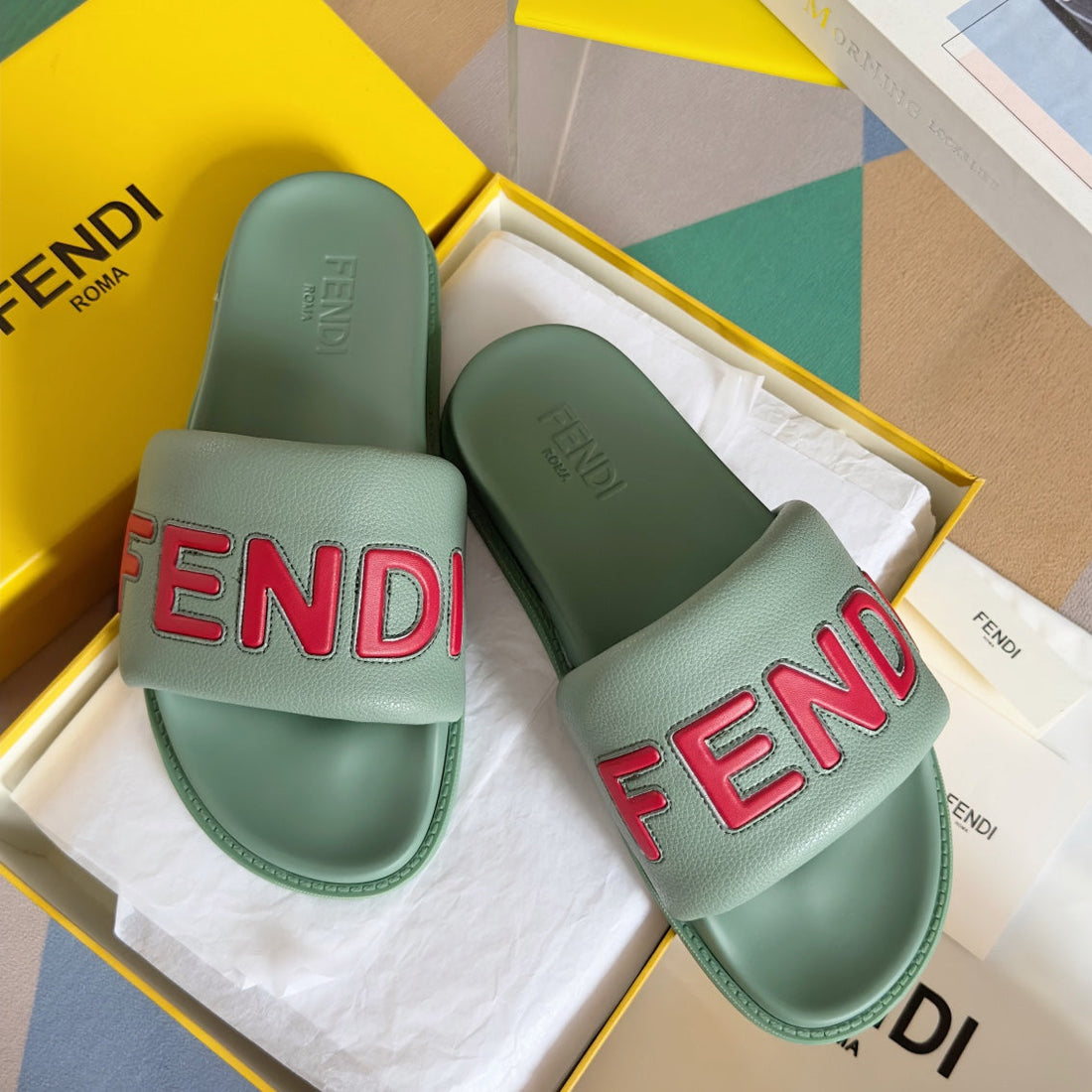 Fendi Roma Slide In Seafoam Green Grained Calfskin With Red Logo