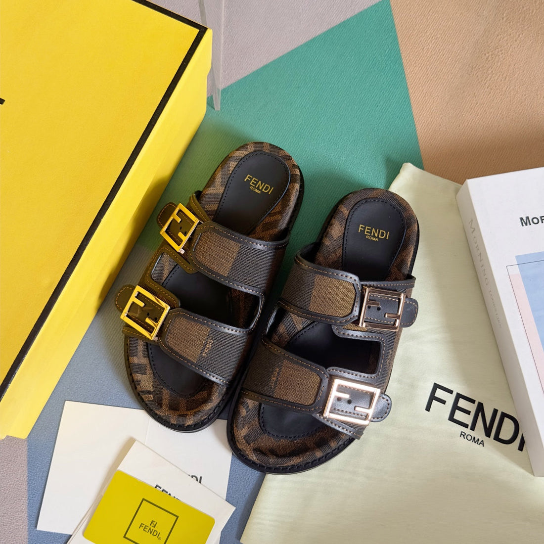 Fendi Dad Sandal In Mocha Brown Mix Black Monogram Jacquard Fabric