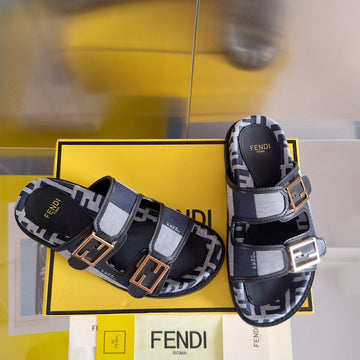 Fendi Dad Sandal In Navy Blue Mix Light Grey Canvas With Gold Hardware