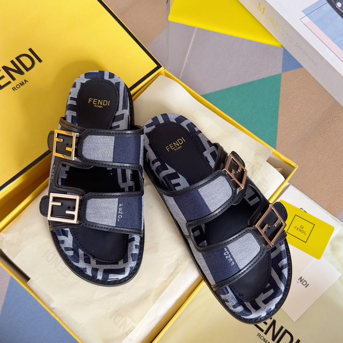 Fendi Dad Sandal In Navy Blue Mix Light Grey Canvas With Gold Hardware