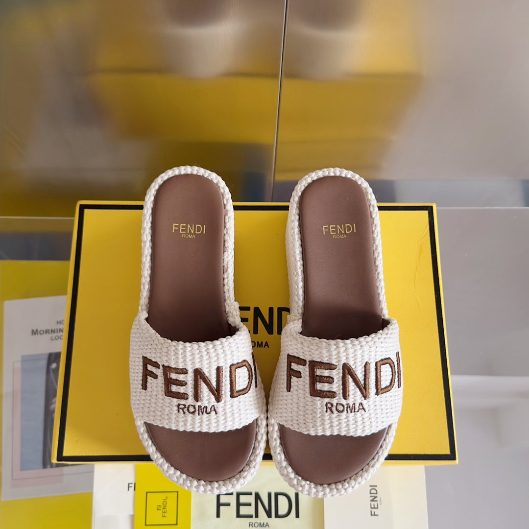 Ff Sunshine 65 White Cotton Brown Leather Fibre Flatform Slide