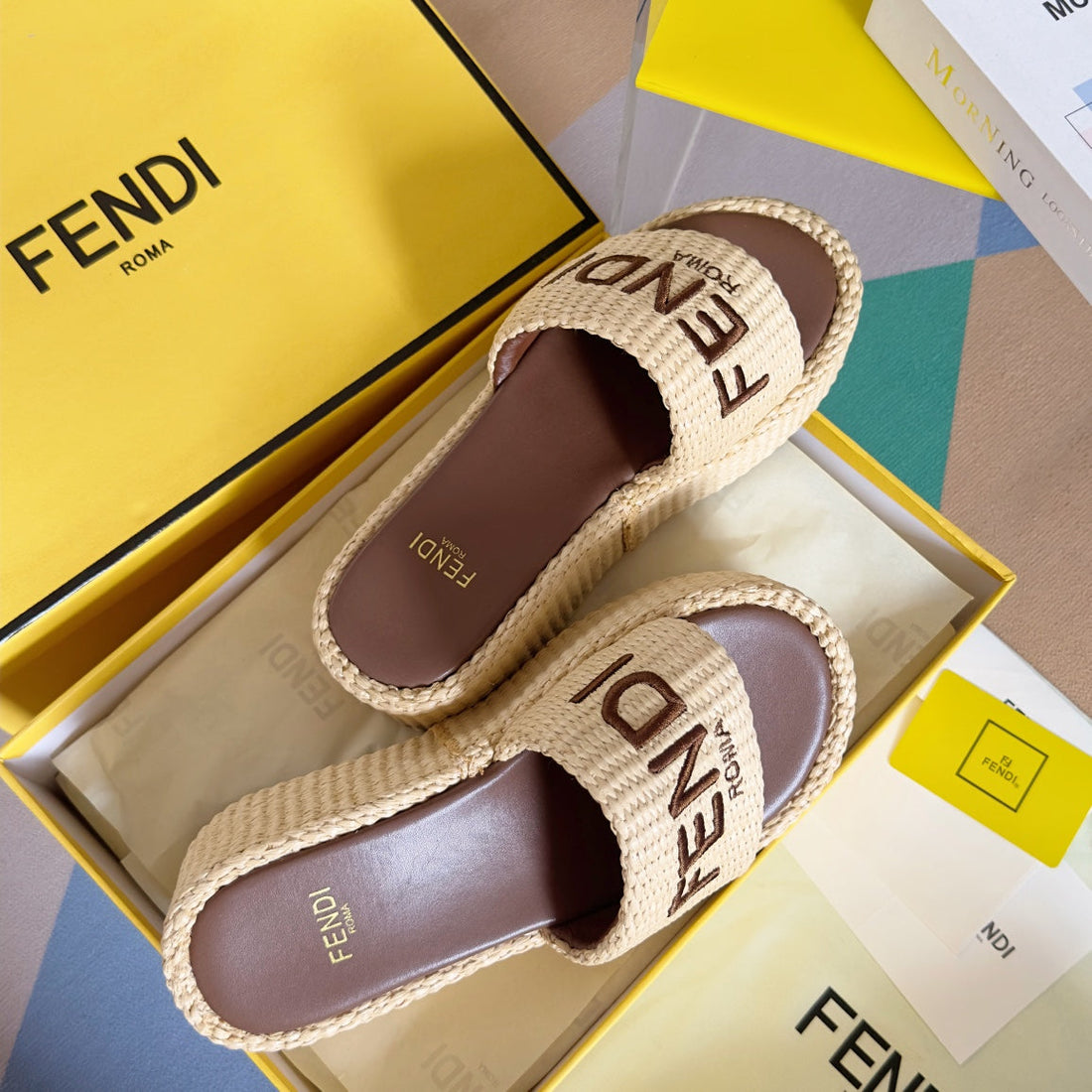 Fendi Platform Wedges In Beige Raffia With Brown Embroidered Logo