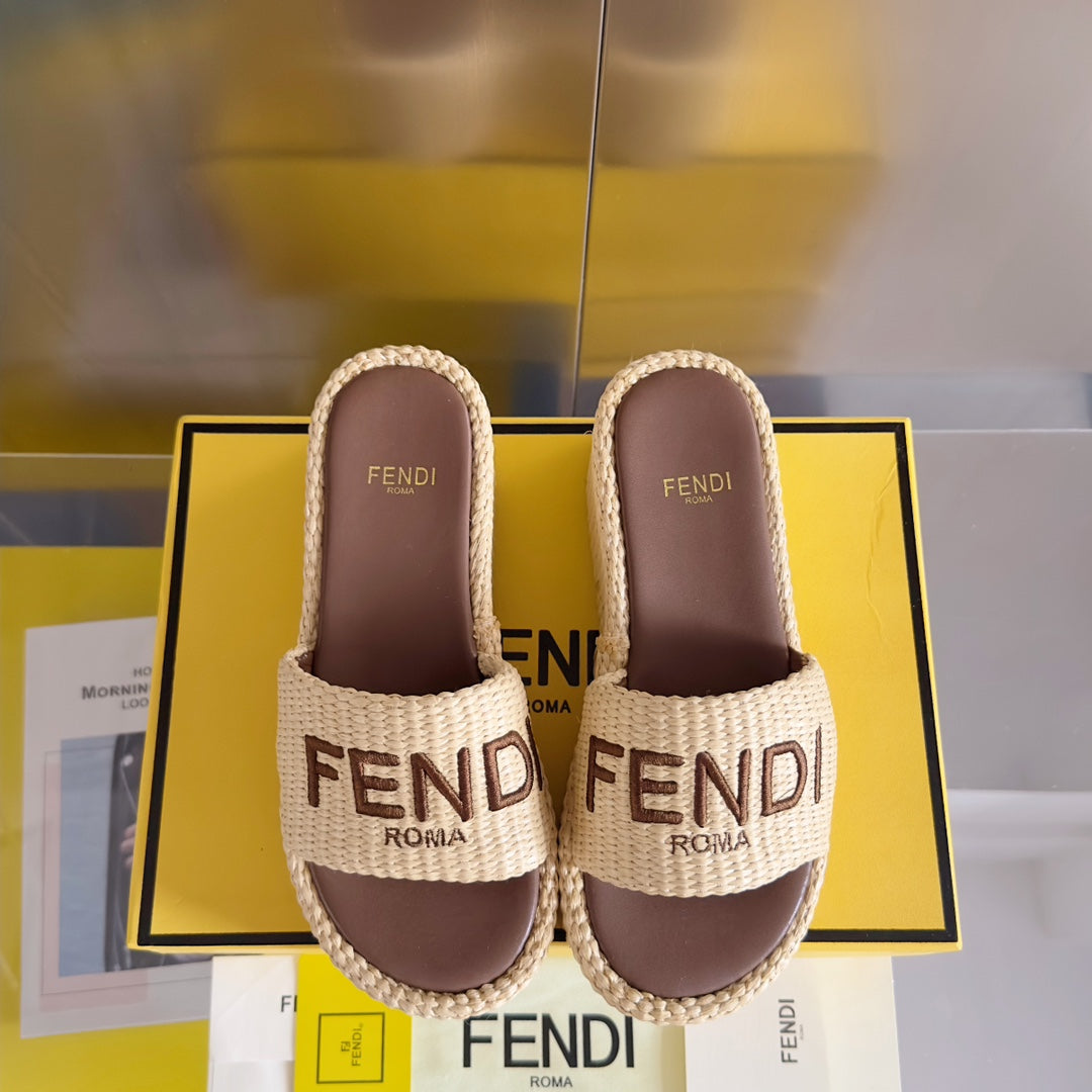 Ff Sunshine 65 Beige Cotton Brown Leather Fibre Flatform Slide