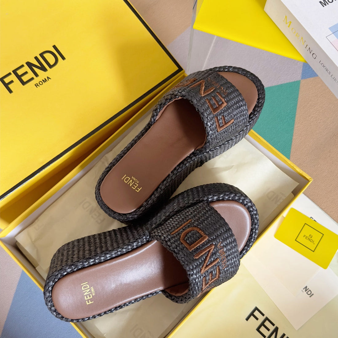 Fendi Platform Wedges In Black Mix Chocolate Brown Raffia