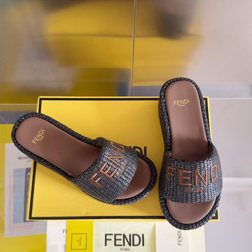 Fendi Platform Wedges In Black Mix Chocolate Brown Raffia