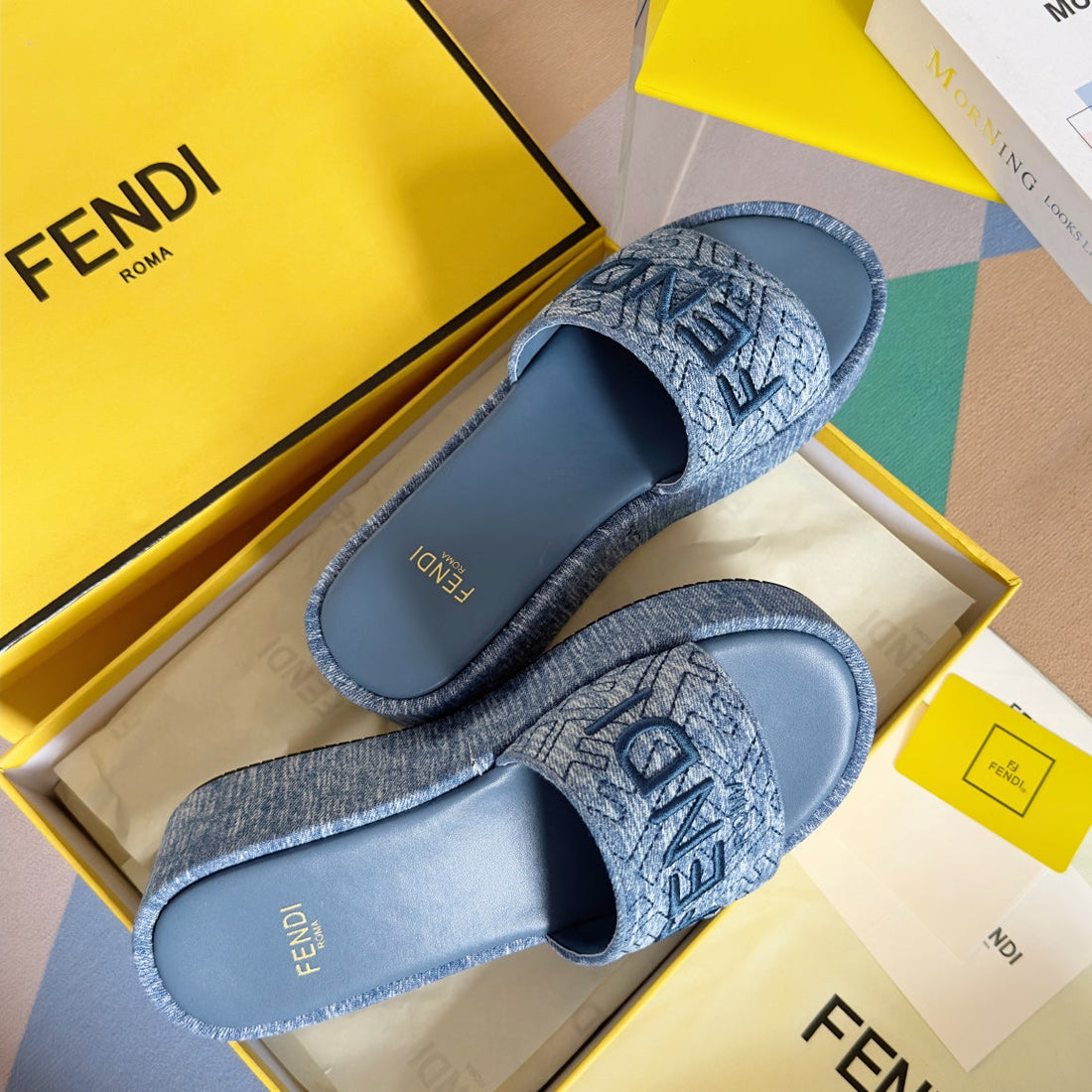 Fendi Platform Wedges In Steel Blue Jacquard Fabric With Embroidered Logo