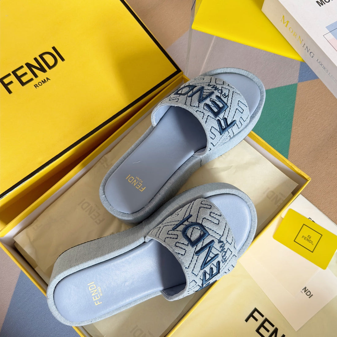 Fendi Platform Wedges In Pigeon Blue Jacquard Fabric With Embroidered Logo