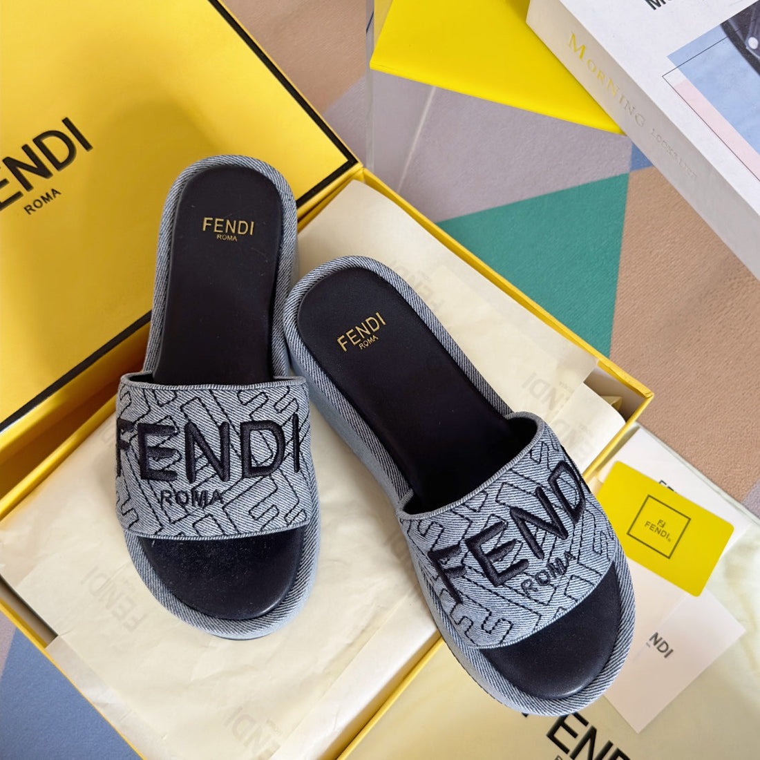 Fendi Platform Wedges In Grey Monogram Jacquard With Black Embroidered Logo