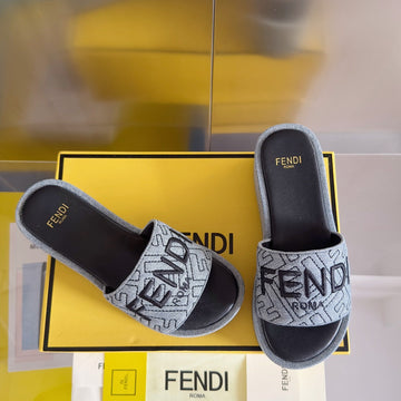 Fendi Platform Wedges In Grey Monogram Jacquard With Black Embroidered Logo