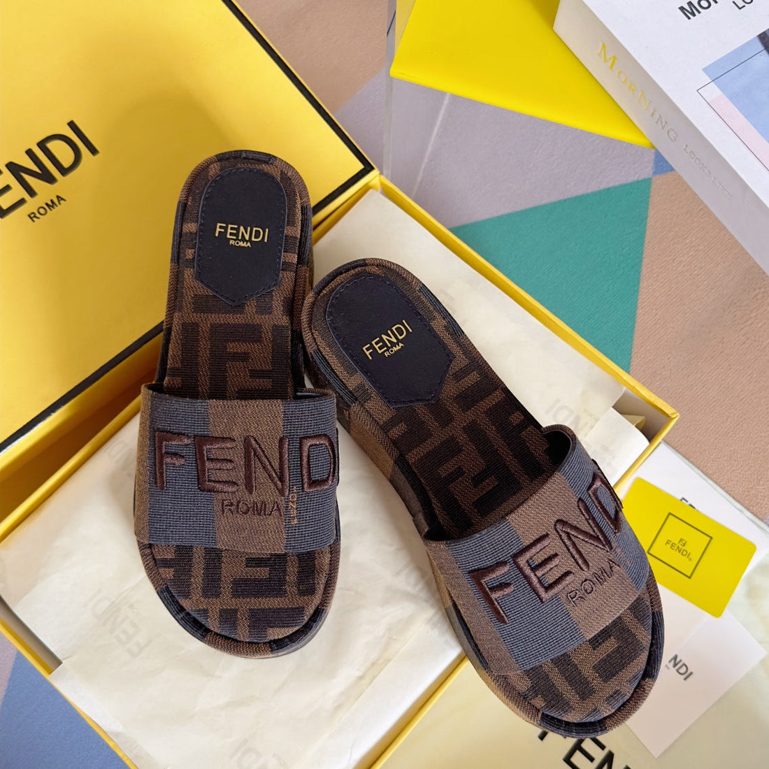 Fendi Platform Wedges In Chocolate Brown Ff Monogram Fabric