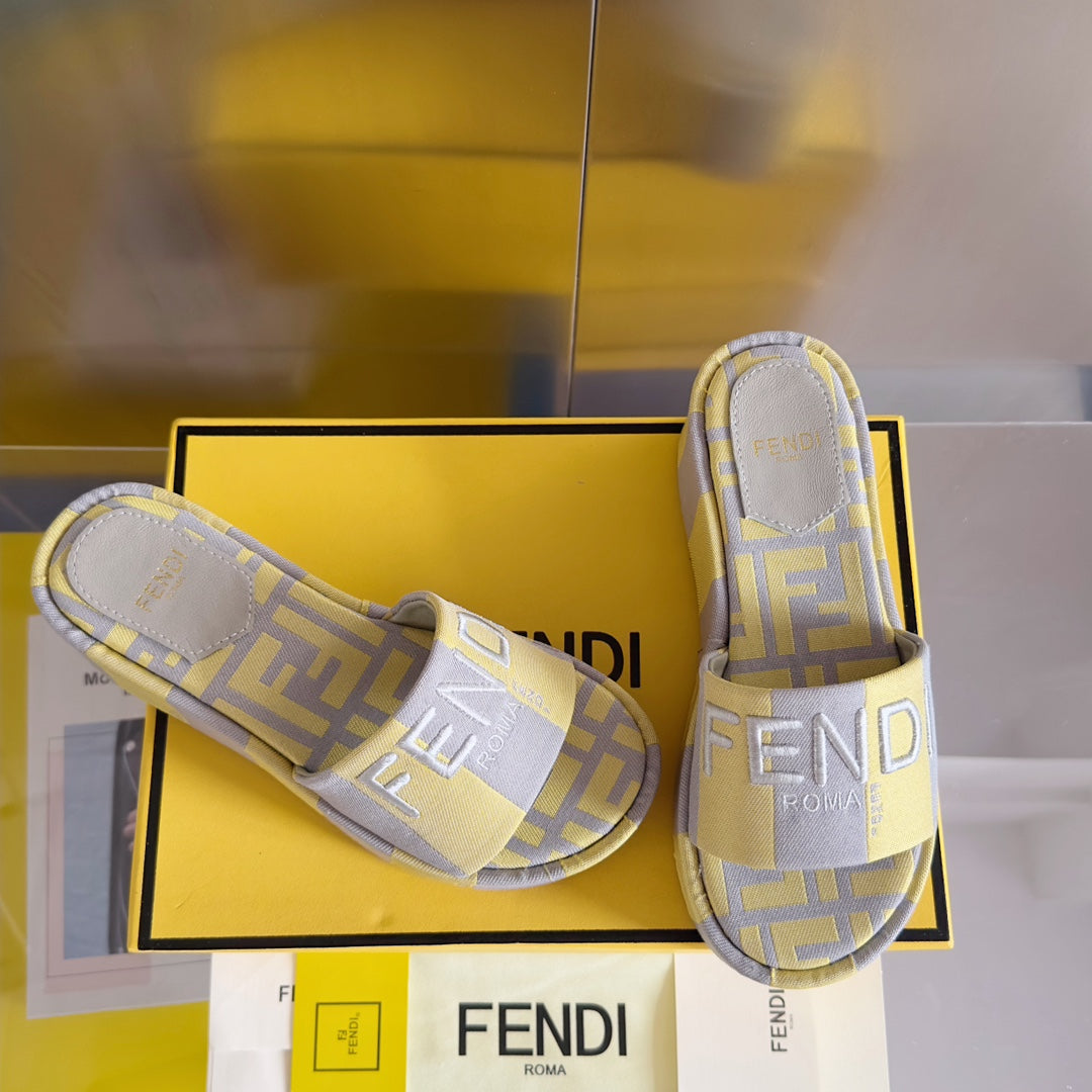 Ff Sunshine 65 Yellow Grey Canvas Flatform Slide